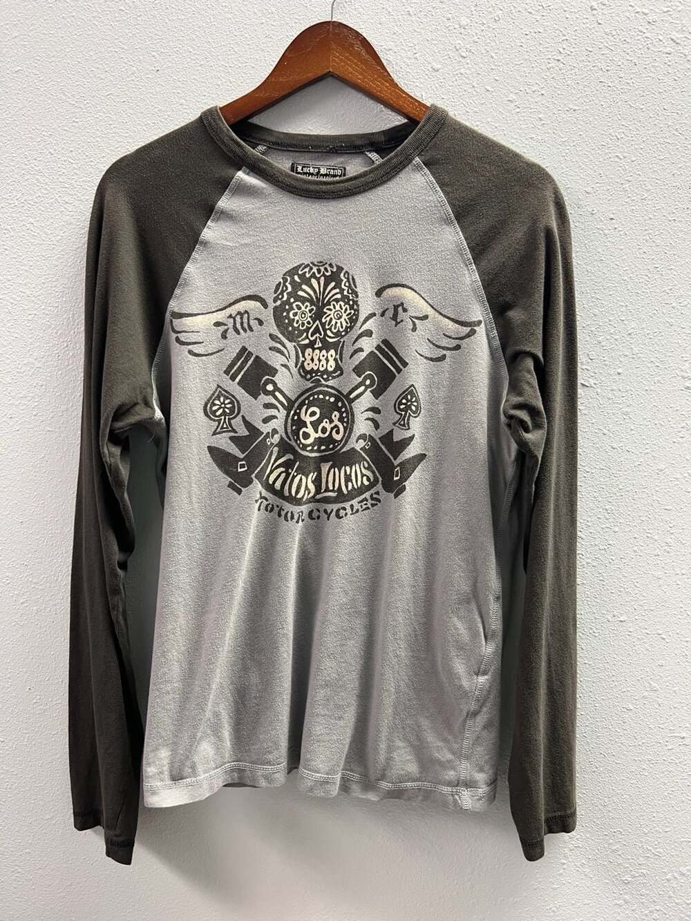 Vintage Lucky Brand Shirt  Grey Black Raglan Vatos Locos Motorcycle Skull Small
